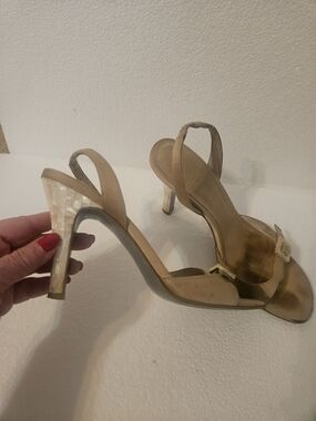 Calvin Klein Beige Slingback Heels with Pearl-Effect Block Heel